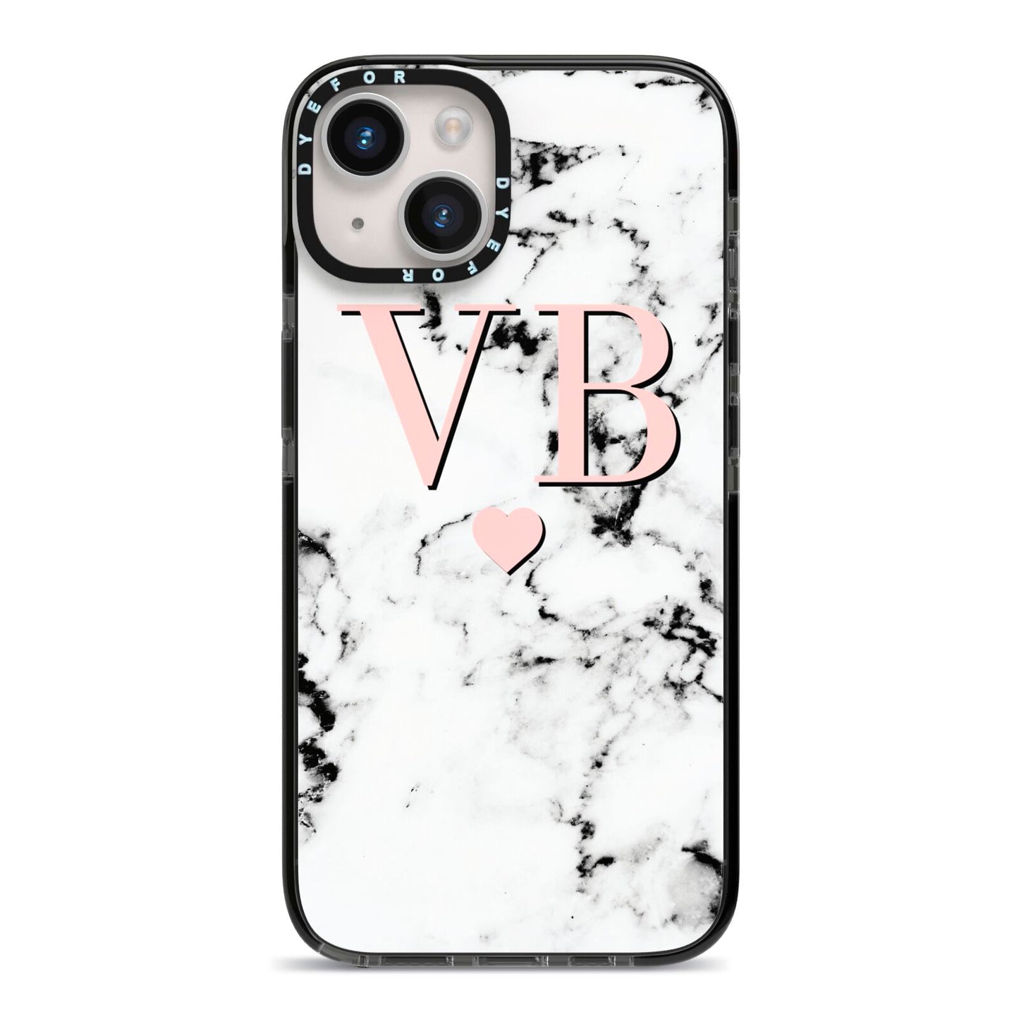 Personalised Coral Heart Initial Marble iPhone 14 Black Impact Case on Silver phone