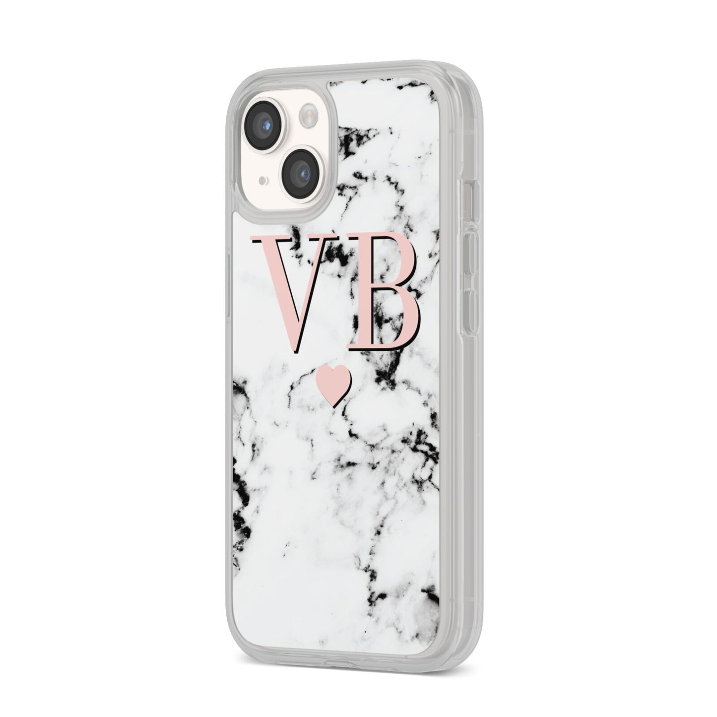 Personalised Coral Heart Initial Marble iPhone 14 Clear Tough Case Starlight Angled Image