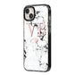 Personalised Coral Heart Initial Marble iPhone 14 Plus Black Impact Case Side Angle on Silver phone