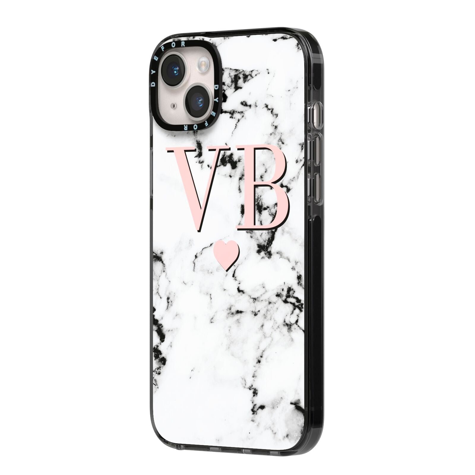 Personalised Coral Heart Initial Marble iPhone 14 Plus Black Impact Case Side Angle on Silver phone