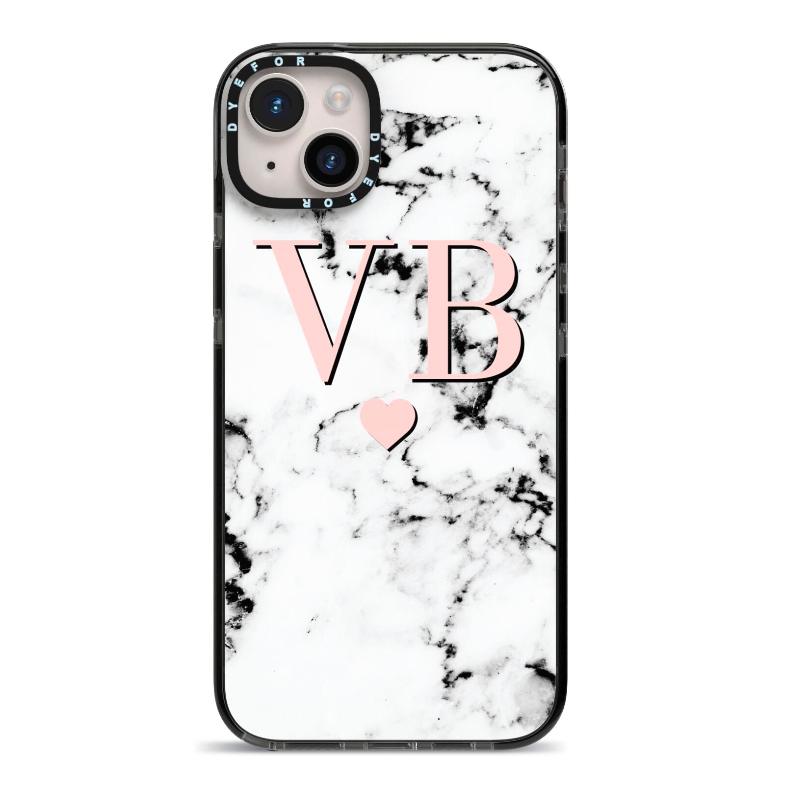 Personalised Coral Heart Initial Marble iPhone 14 Plus Black Impact Case on Silver phone