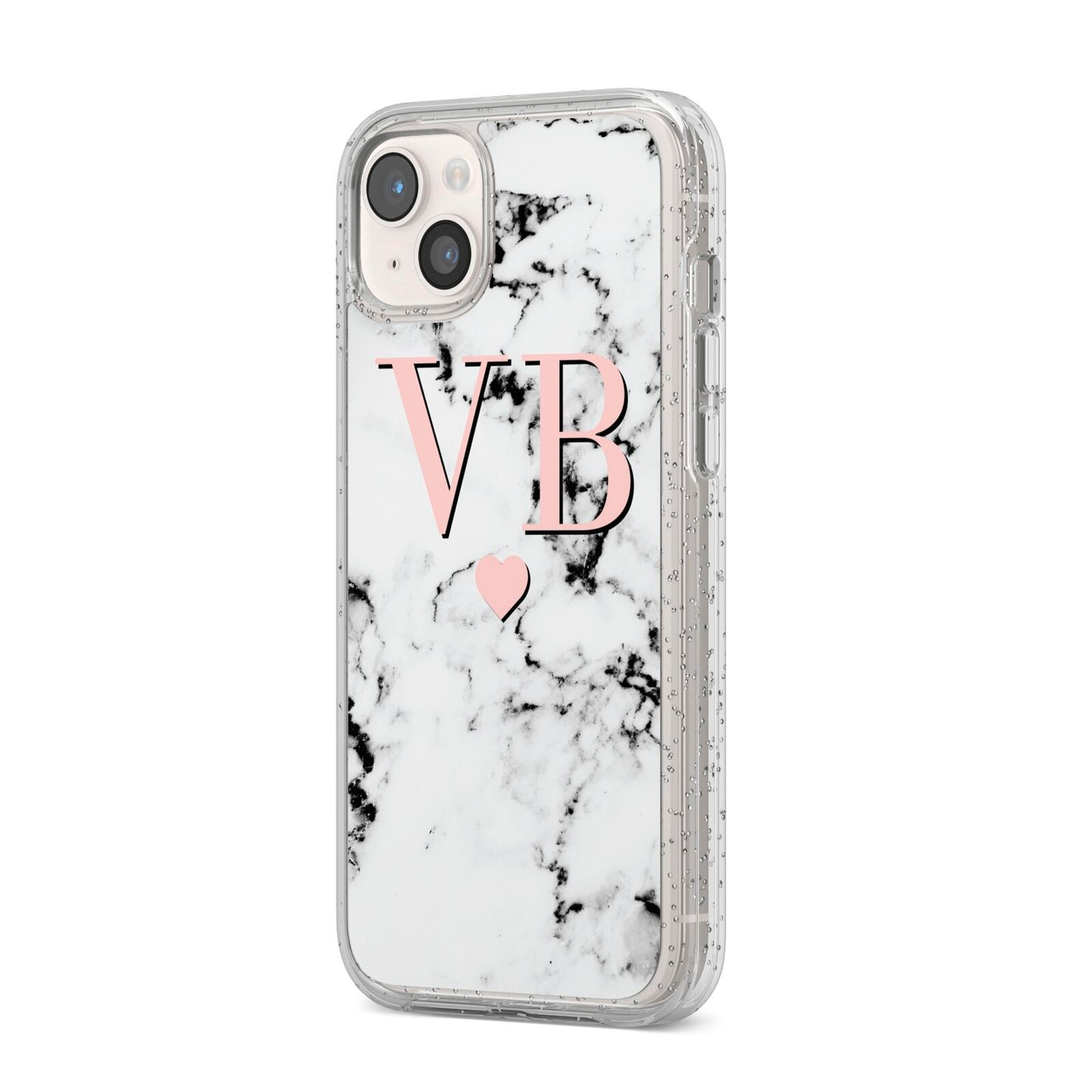 Personalised Coral Heart Initial Marble iPhone 14 Plus Glitter Tough Case Starlight Angled Image
