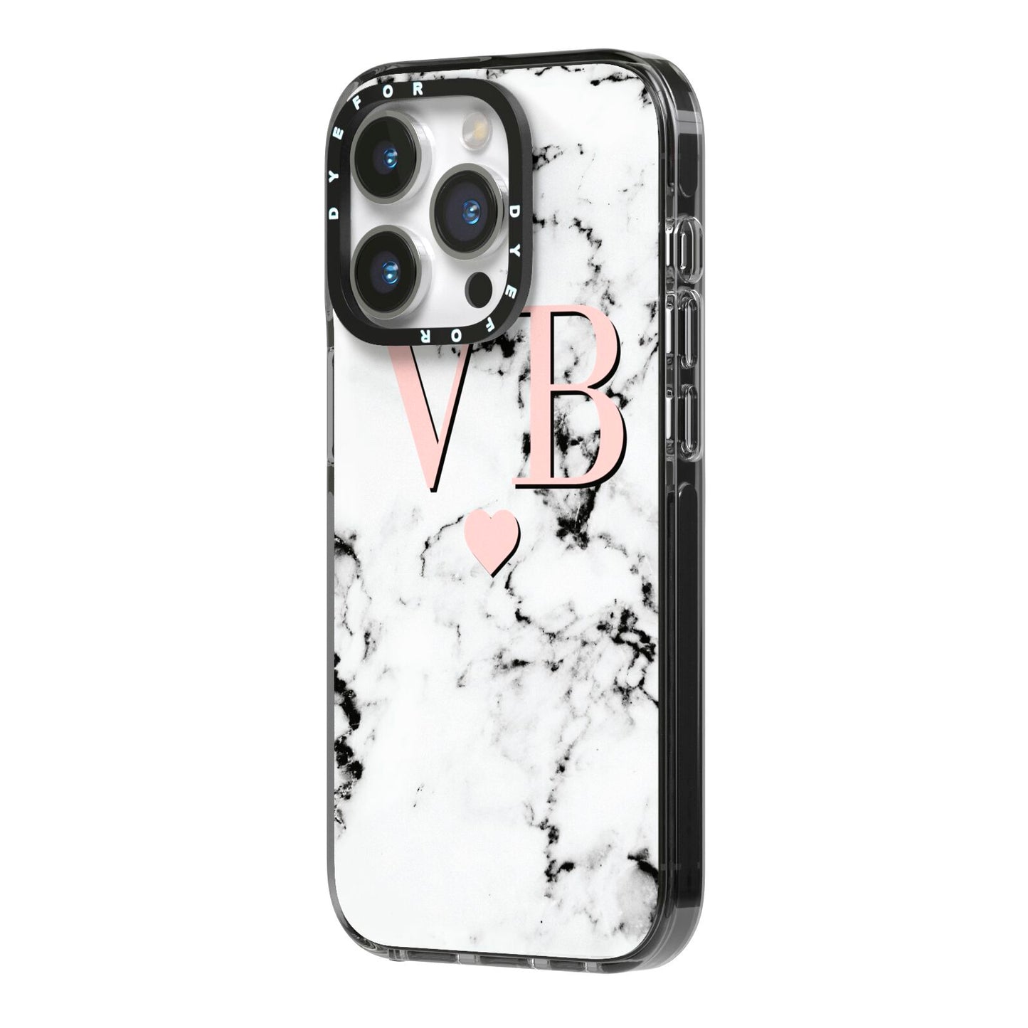 Personalised Coral Heart Initial Marble iPhone 14 Pro Black Impact Case Side Angle on Silver phone