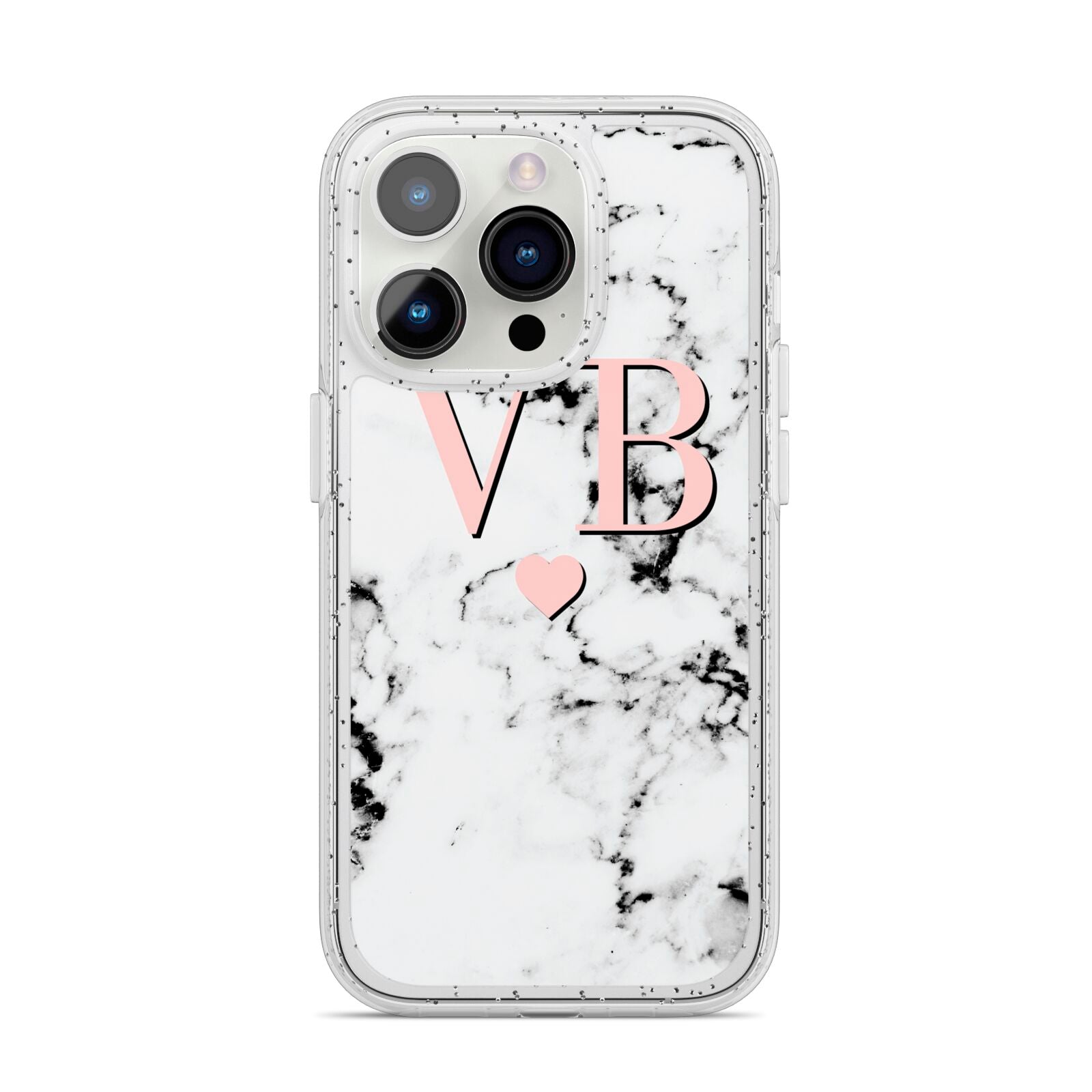 Personalised Coral Heart Initial Marble iPhone 14 Pro Glitter Tough Case Silver