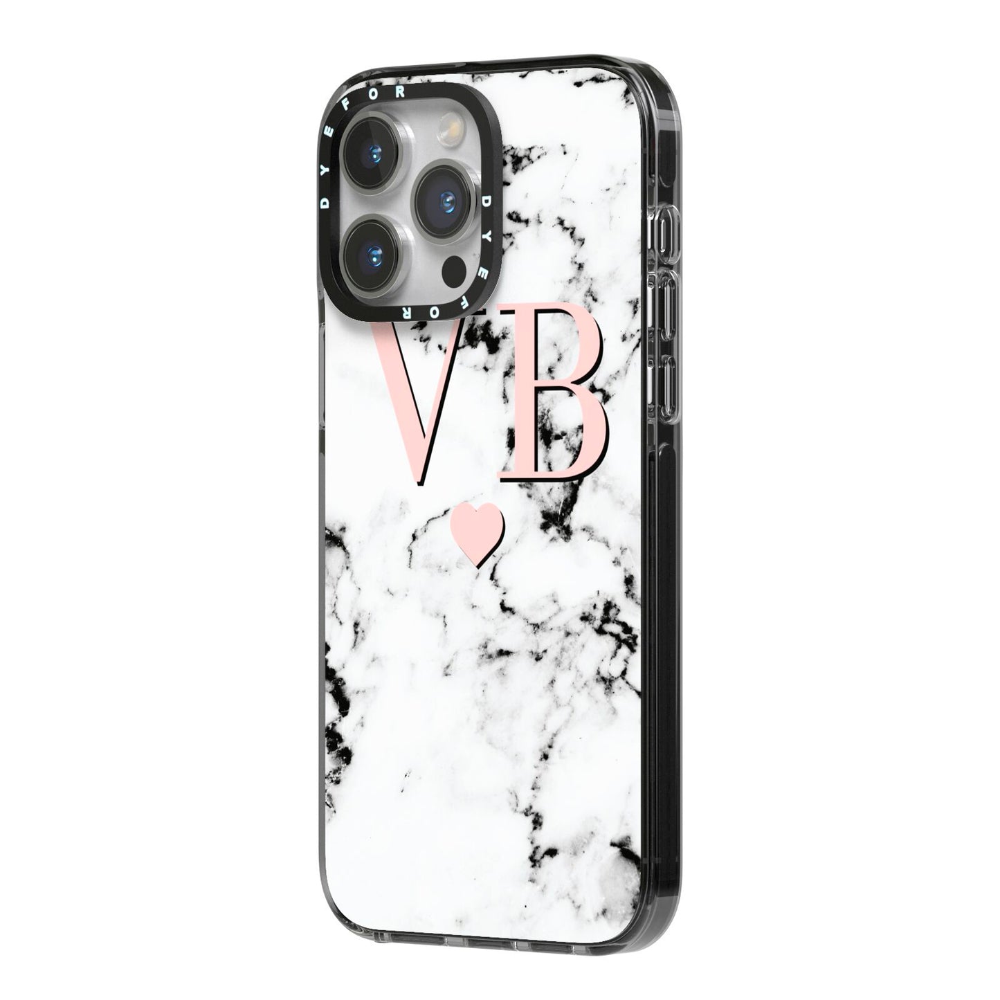 Personalised Coral Heart Initial Marble iPhone 14 Pro Max Black Impact Case Side Angle on Silver phone