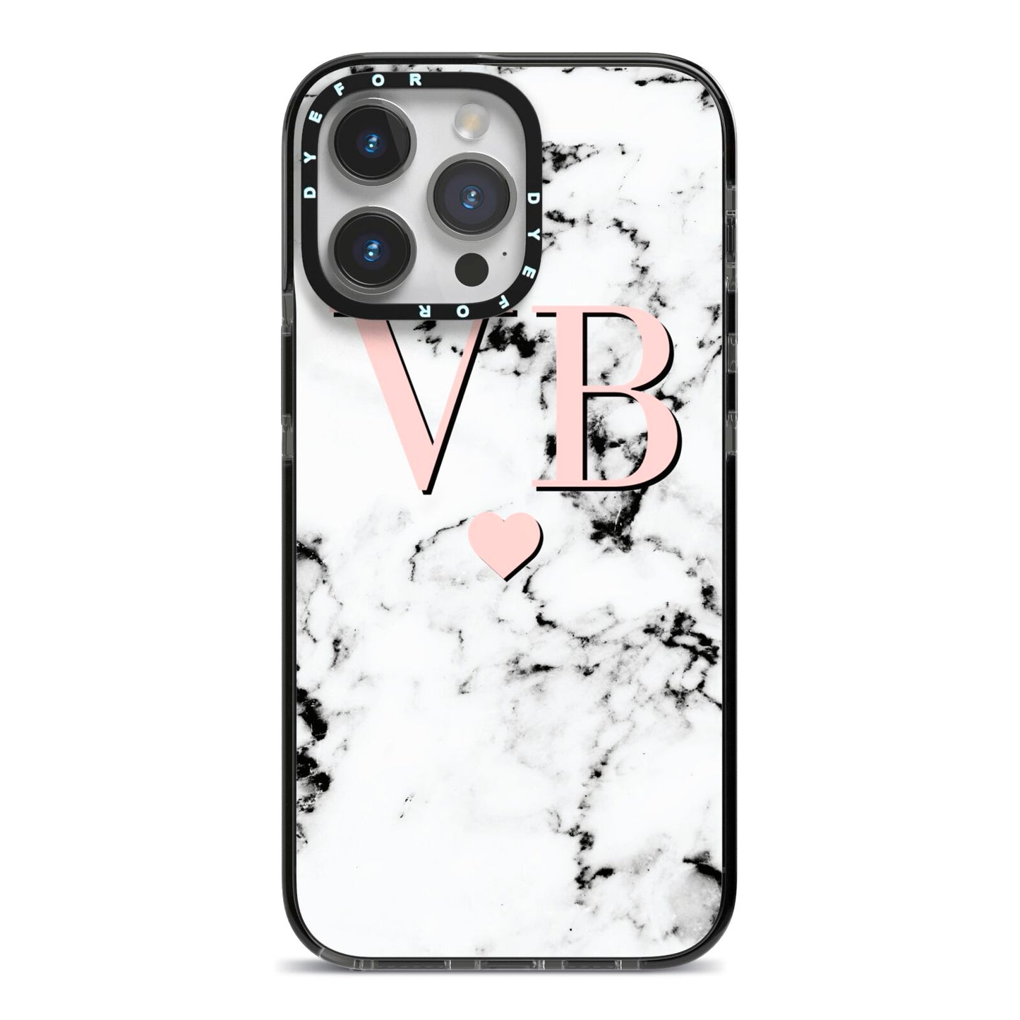 Personalised Coral Heart Initial Marble iPhone 14 Pro Max Black Impact Case on Silver phone
