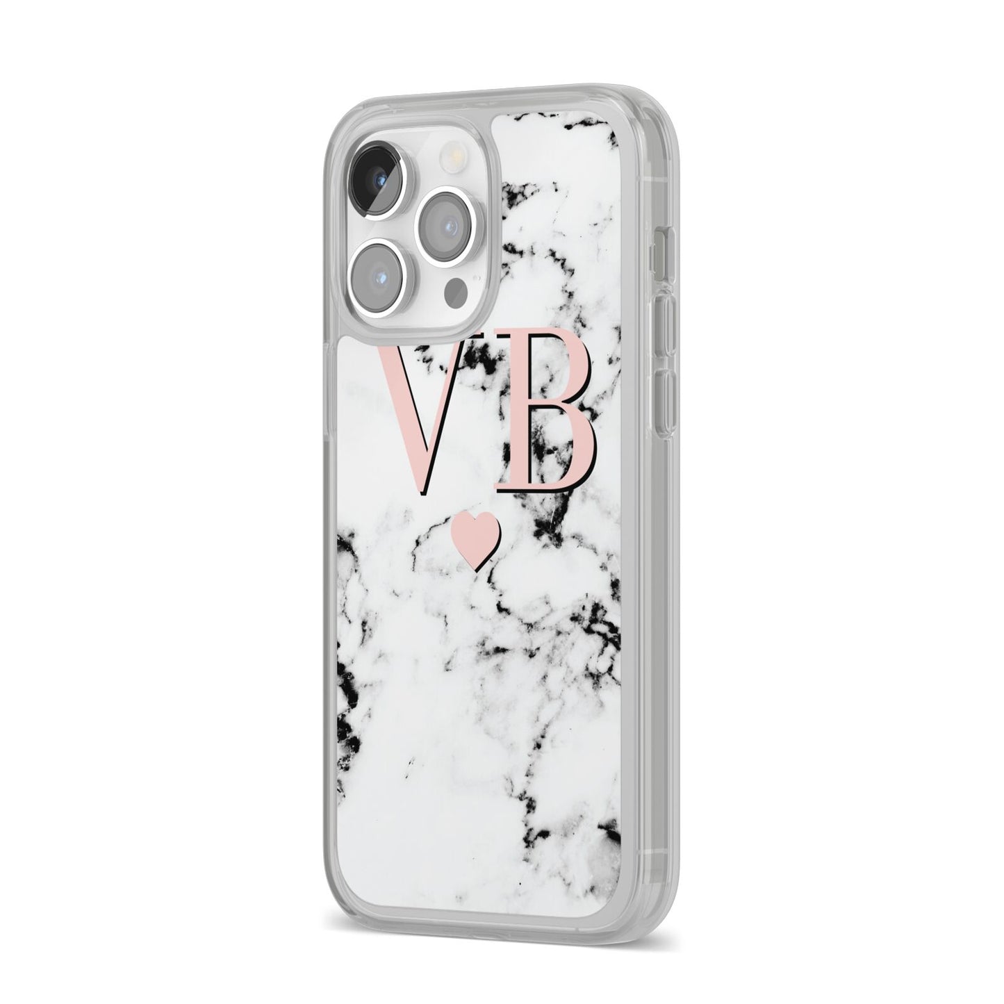 Personalised Coral Heart Initial Marble iPhone 14 Pro Max Clear Tough Case Silver Angled Image