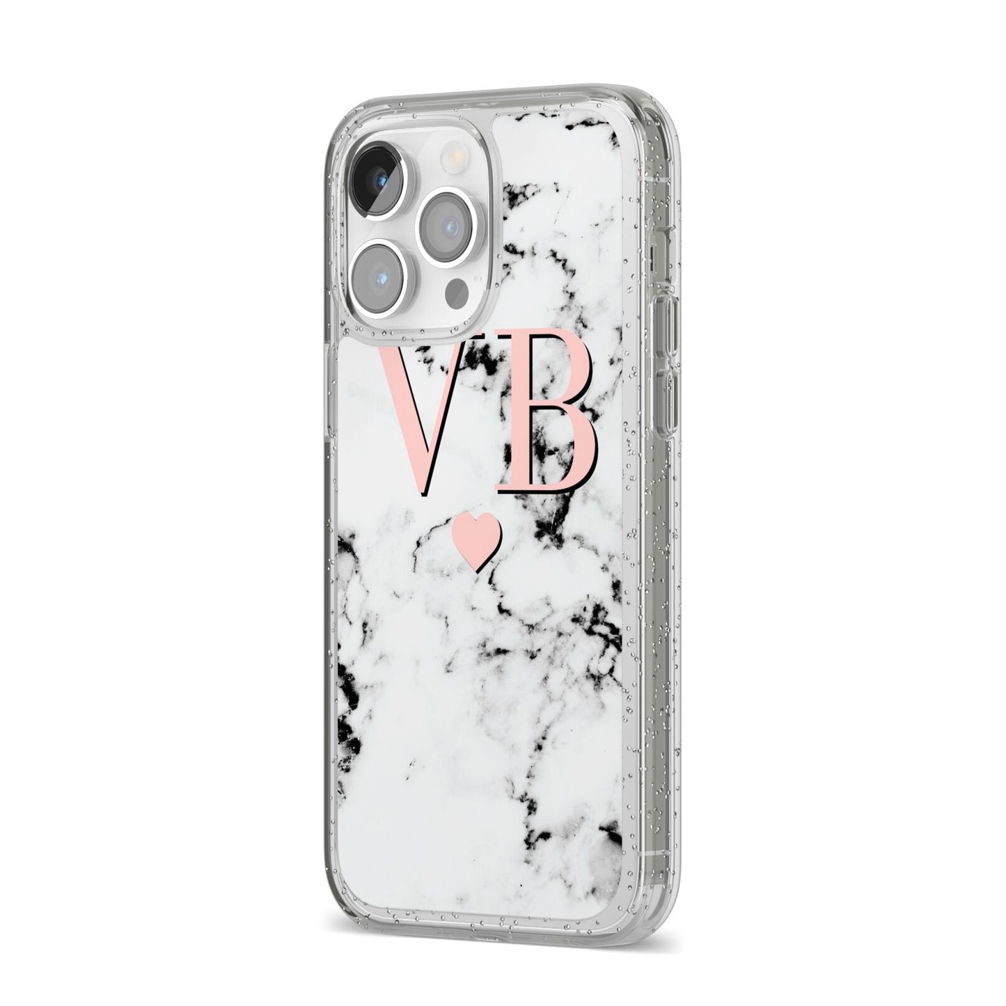 Personalised Coral Heart Initial Marble iPhone 14 Pro Max Glitter Tough Case Silver Angled Image