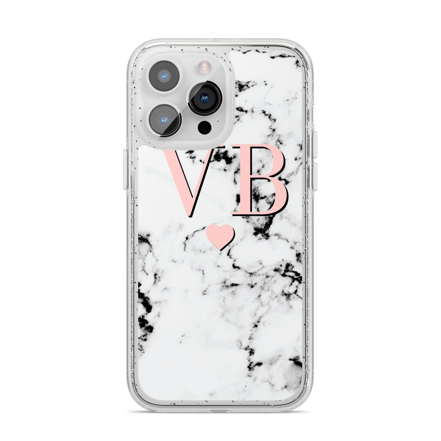 Personalised Coral Heart Initial Marble iPhone 14 Pro Max Glitter Tough Case Silver