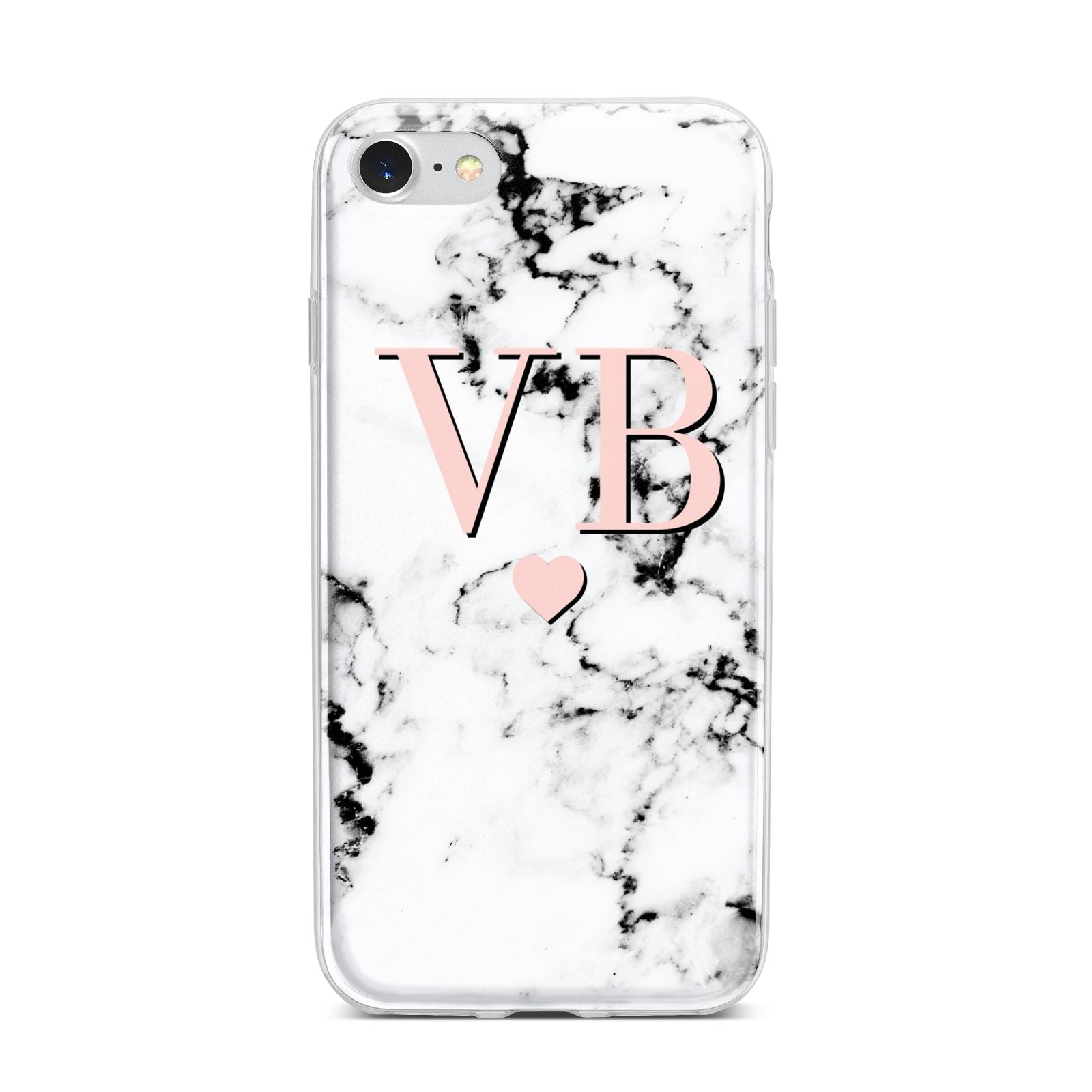 Personalised Coral Heart Initial Marble iPhone 7 Bumper Case on Silver iPhone