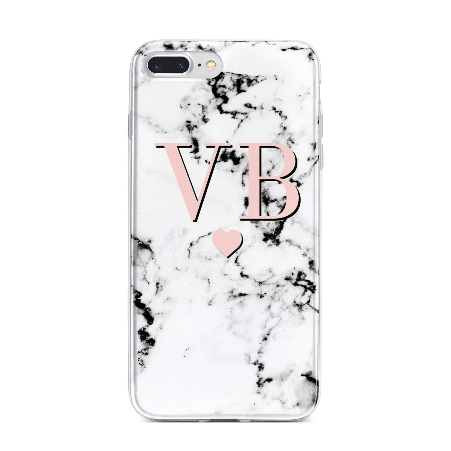 Personalised Coral Heart Initial Marble iPhone 7 Plus Bumper Case on Silver iPhone