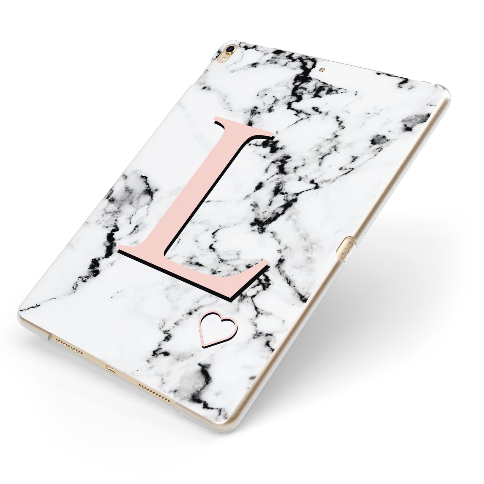Personalised Coral Heart Initialled Marble Apple iPad Case on Gold iPad Side View