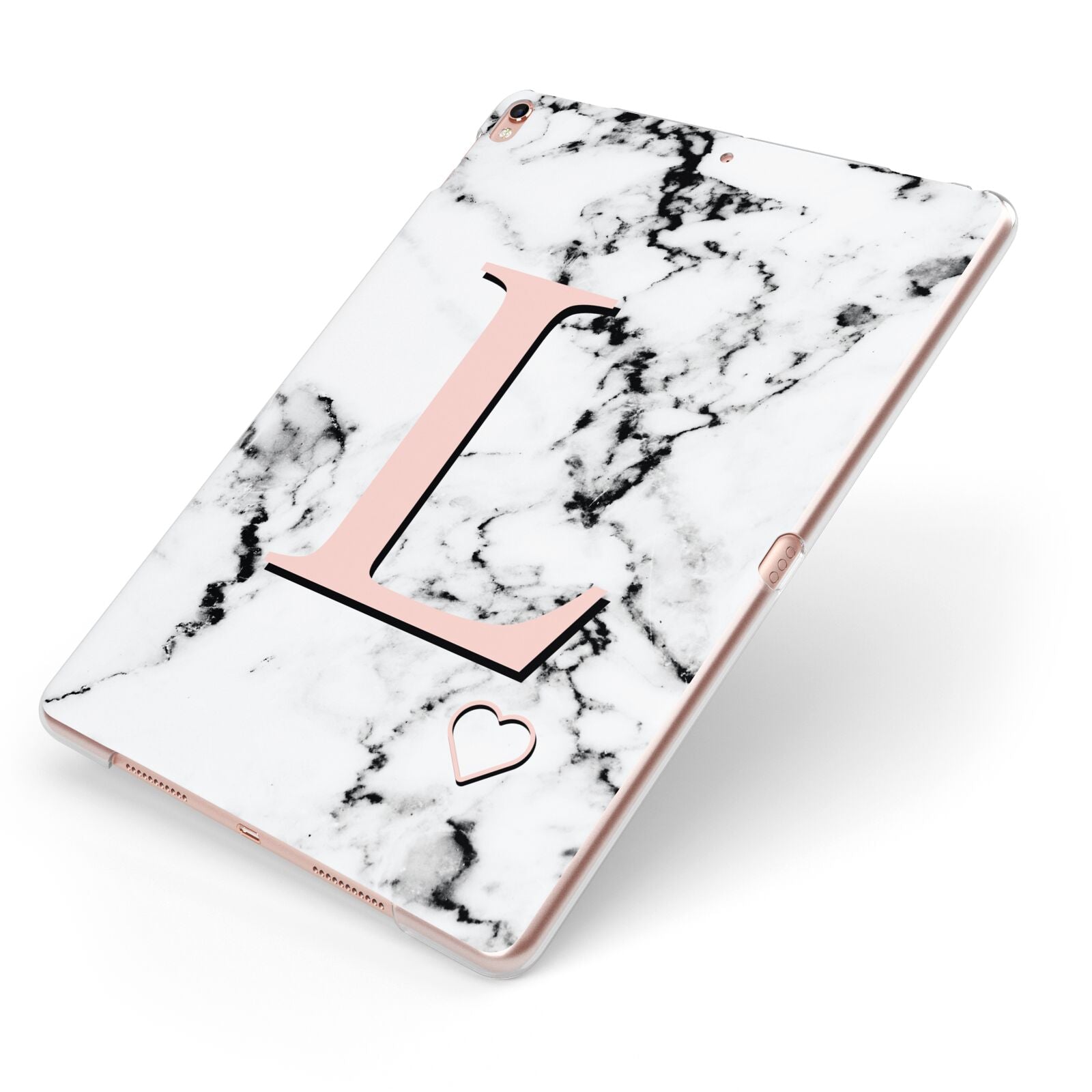 Personalised Coral Heart Initialled Marble Apple iPad Case on Rose Gold iPad Side View