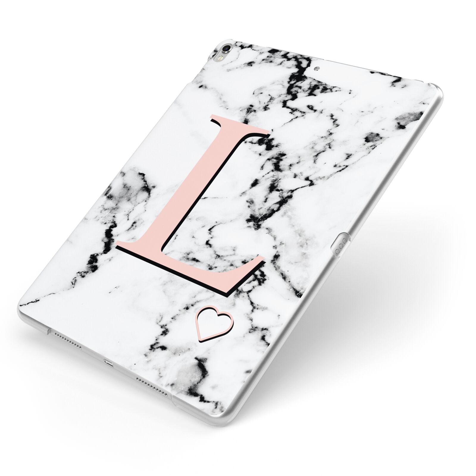 Personalised Coral Heart Initialled Marble Apple iPad Case on Silver iPad Side View