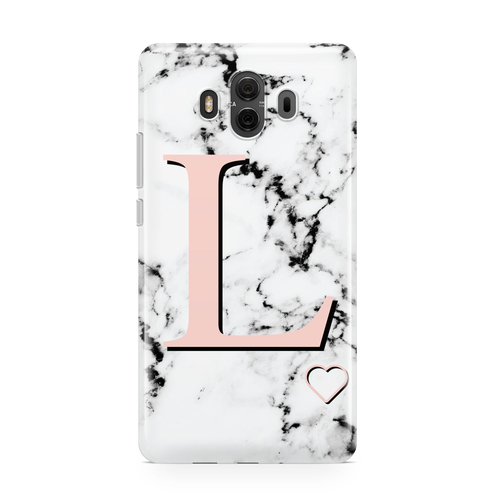Personalised Coral Heart Initialled Marble Huawei Mate 10 Protective Phone Case