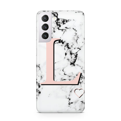 Personalised Coral Heart Initialled Marble Samsung S21 Case