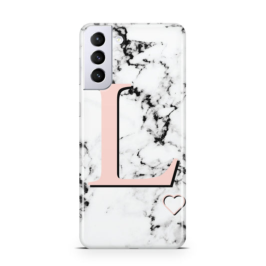 Personalised Coral Heart Initialled Marble Samsung S21 Plus Phone Case