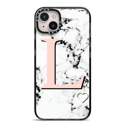 Personalised Coral Heart Initialled Marble iPhone 14 Plus Black Impact Case on Silver phone