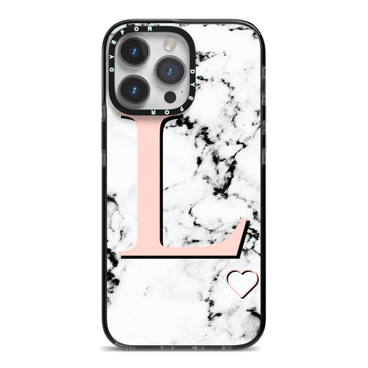 Personalised Coral Heart Initialled Marble iPhone 14 Pro Max Black Impact Case on Silver phone