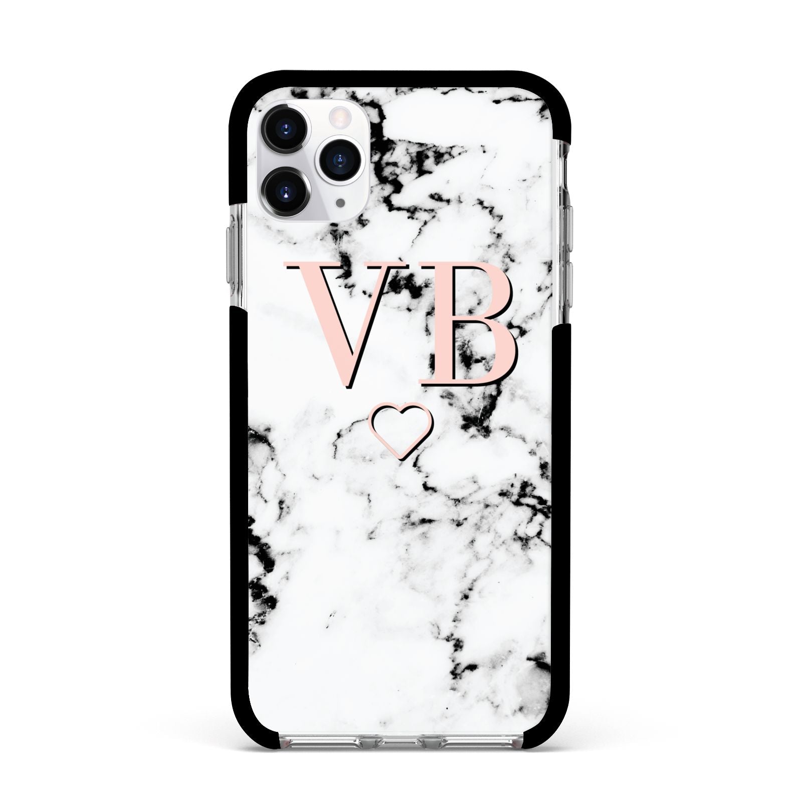 Personalised Coral Initials Heart Marble Apple iPhone 11 Pro Max in Silver with Black Impact Case