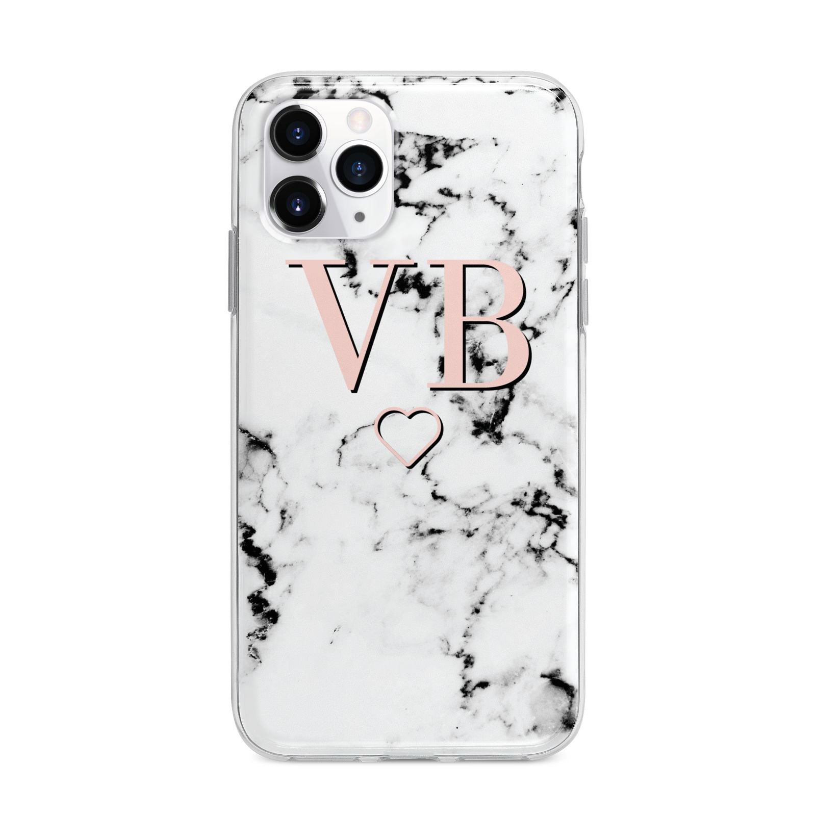 Personalised Coral Initials Heart Marble Apple iPhone 11 Pro Max in Silver with Bumper Case