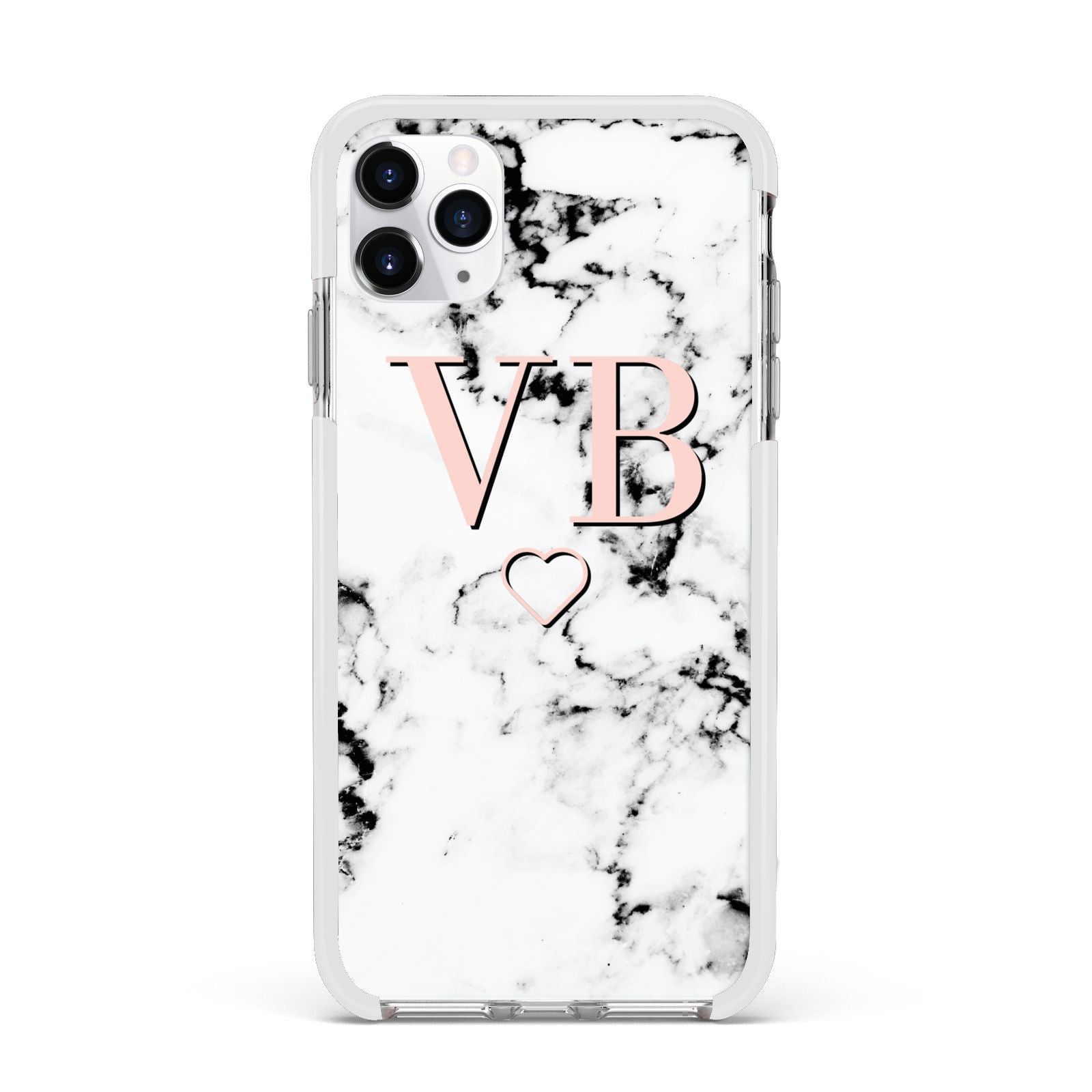 Personalised Coral Initials Heart Marble Apple iPhone 11 Pro Max in Silver with White Impact Case