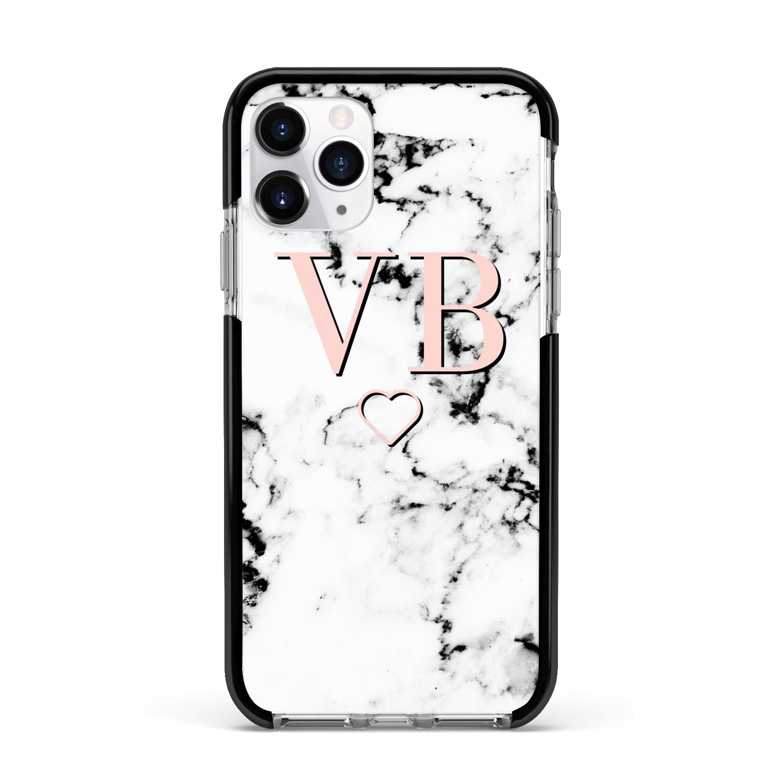 Personalised Coral Initials Heart Marble Apple iPhone 11 Pro in Silver with Black Impact Case