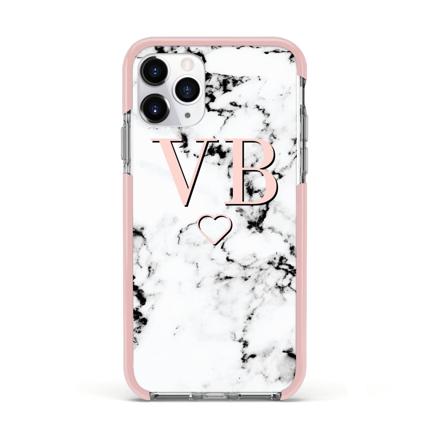 Personalised Coral Initials Heart Marble Apple iPhone 11 Pro in Silver with Pink Impact Case