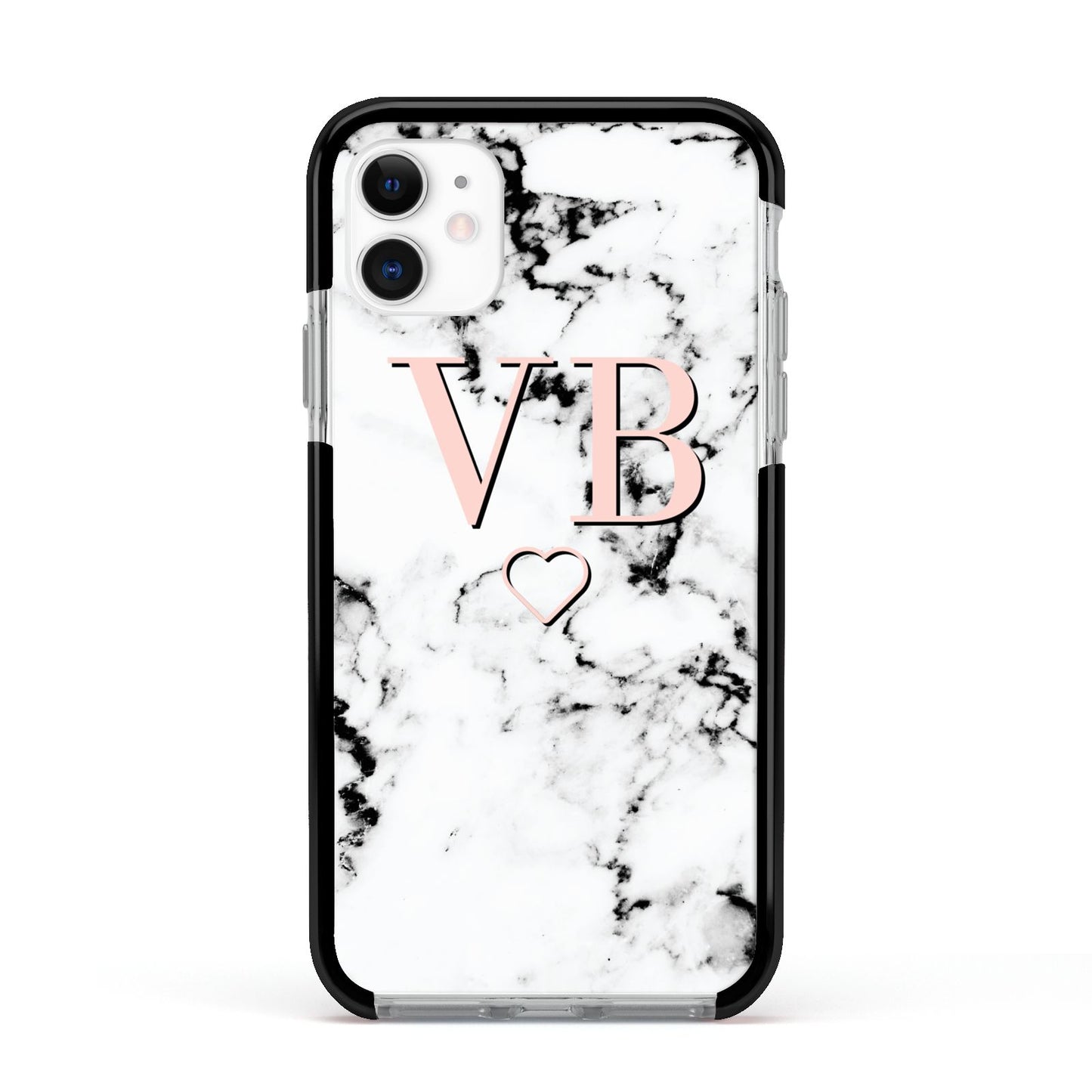 Personalised Coral Initials Heart Marble Apple iPhone 11 in White with Black Impact Case