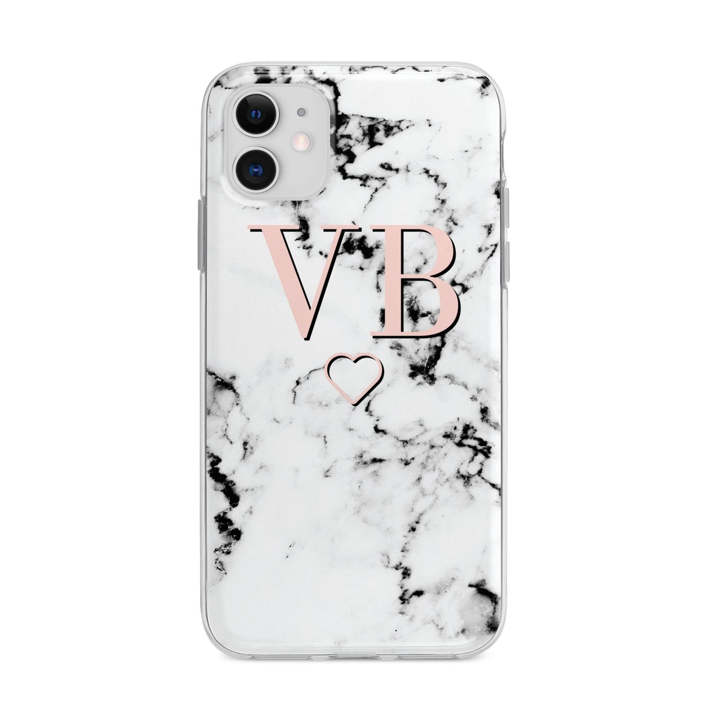 Personalised Coral Initials Heart Marble Apple iPhone 11 in White with Bumper Case