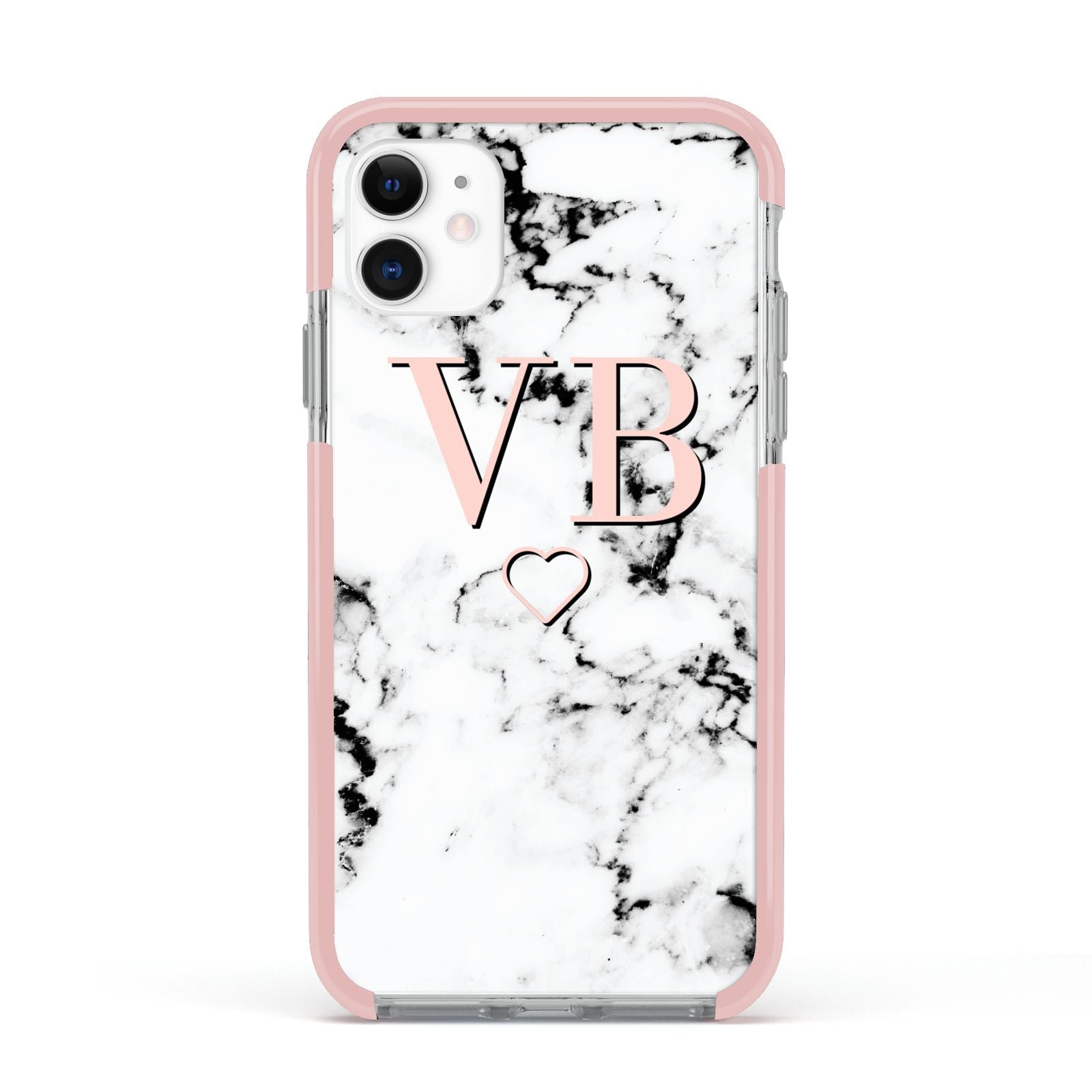 Personalised Coral Initials Heart Marble Apple iPhone 11 in White with Pink Impact Case