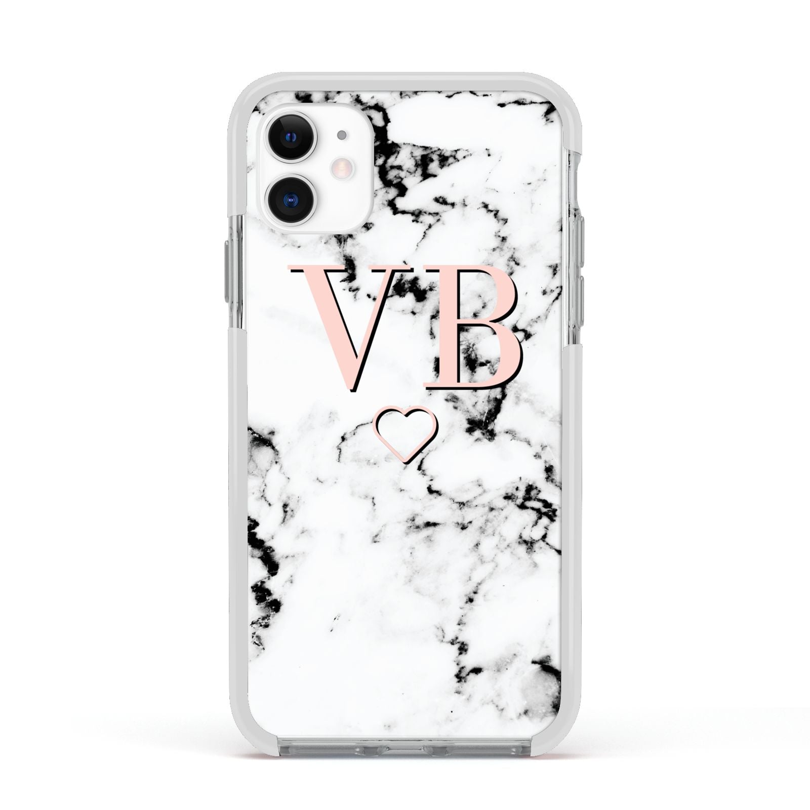 Personalised Coral Initials Heart Marble Apple iPhone 11 in White with White Impact Case
