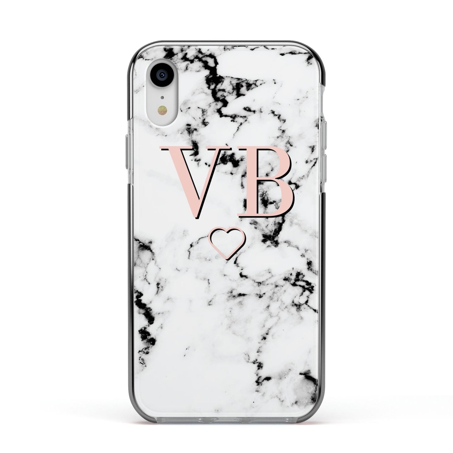Personalised Coral Initials Heart Marble Apple iPhone XR Impact Case Black Edge on Silver Phone