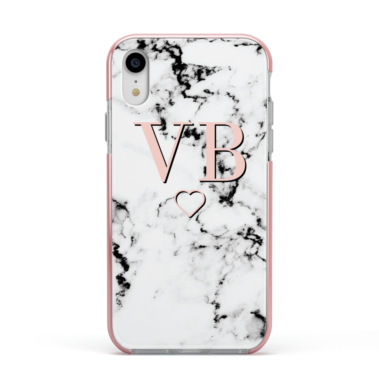 Personalised Coral Initials Heart Marble Apple iPhone XR Impact Case Pink Edge on Silver Phone