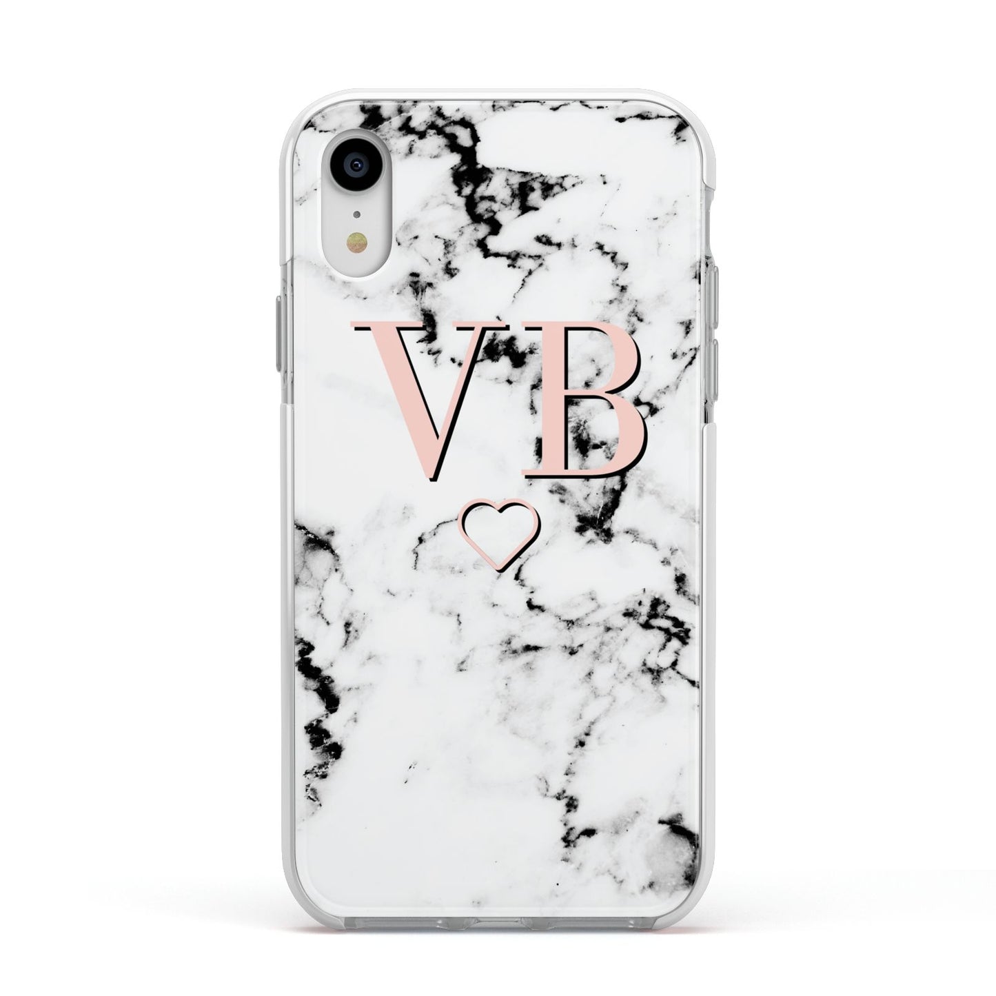 Personalised Coral Initials Heart Marble Apple iPhone XR Impact Case White Edge on Silver Phone