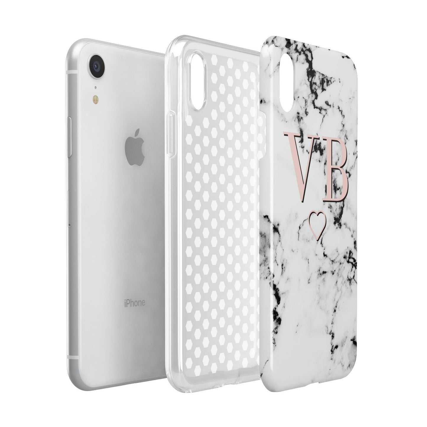 Personalised Coral Initials Heart Marble Apple iPhone XR White 3D Tough Case Expanded view