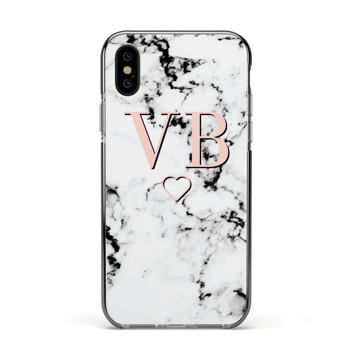 Personalised Coral Initials Heart Marble Apple iPhone Xs Impact Case Black Edge on Black Phone
