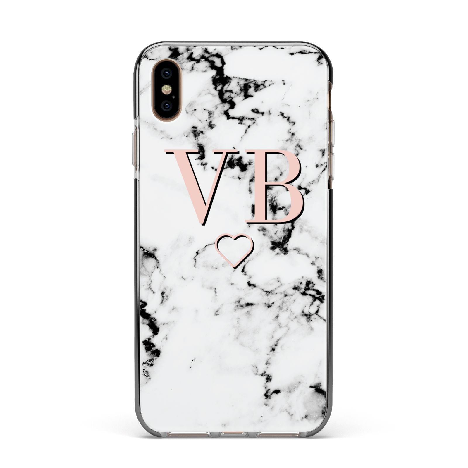 Personalised Coral Initials Heart Marble Apple iPhone Xs Max Impact Case Black Edge on Gold Phone