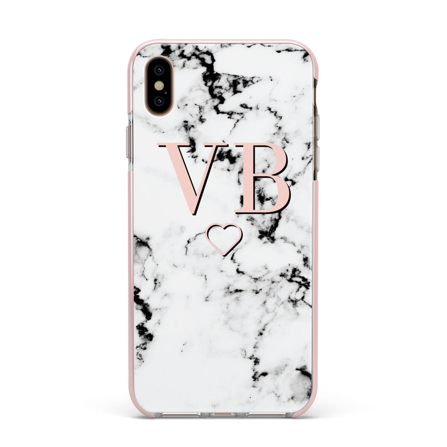 Personalised Coral Initials Heart Marble Apple iPhone Xs Max Impact Case Pink Edge on Gold Phone