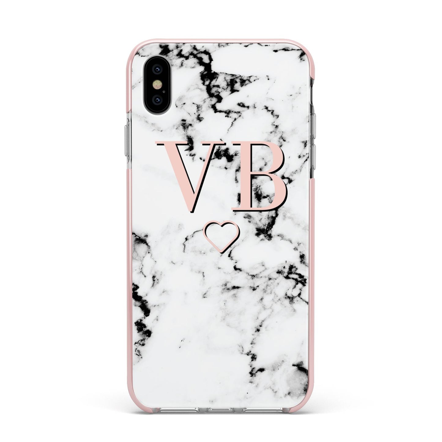 Personalised Coral Initials Heart Marble Apple iPhone Xs Max Impact Case Pink Edge on Silver Phone