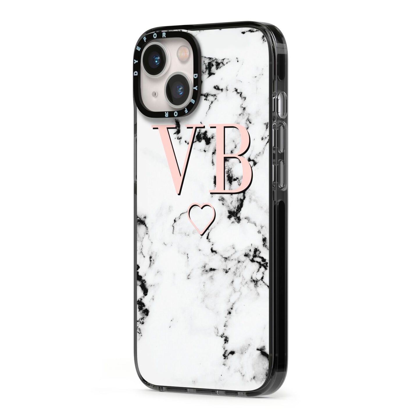 Personalised Coral Initials Heart Marble iPhone 13 Black Impact Case Side Angle on Silver phone