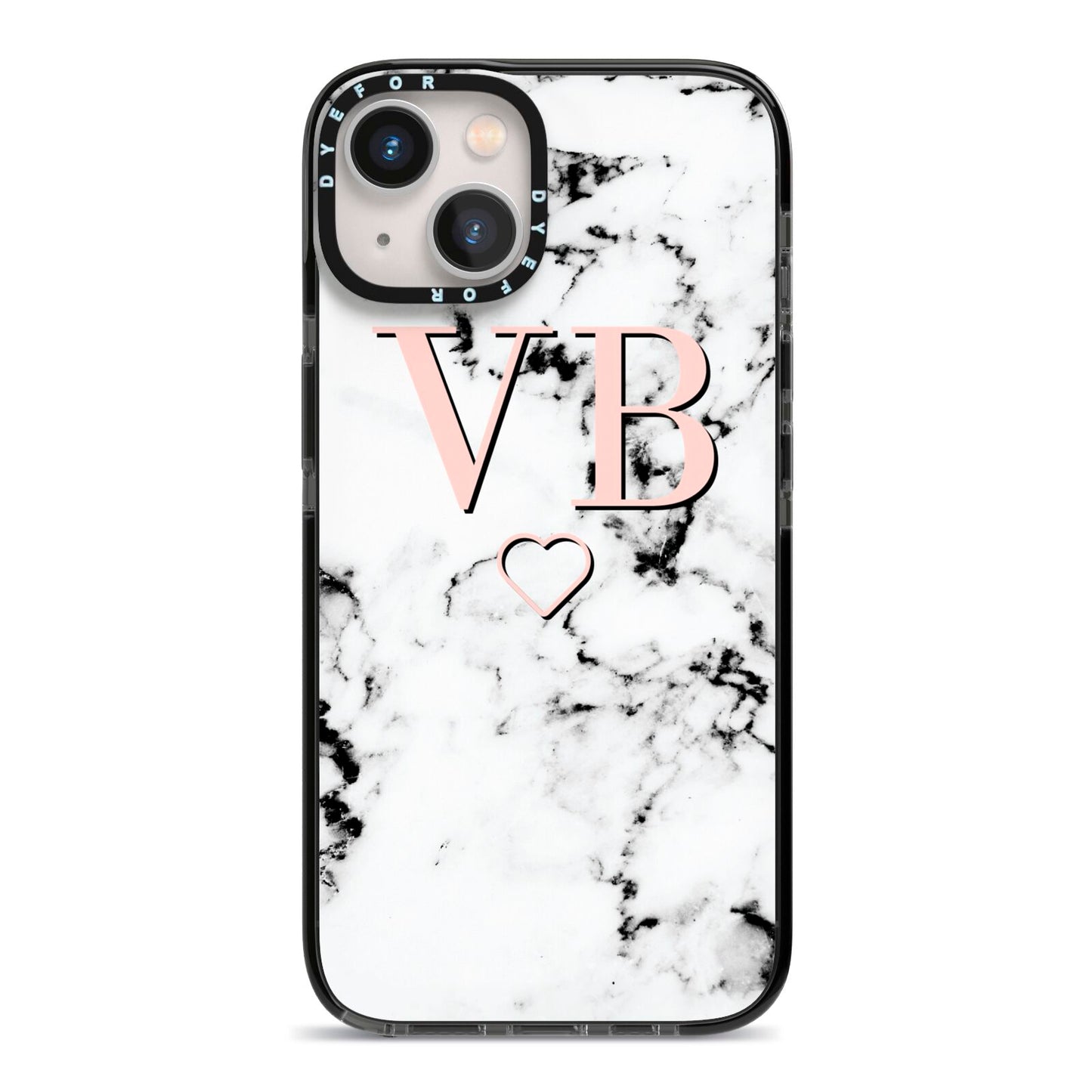 Personalised Coral Initials Heart Marble iPhone 13 Black Impact Case on Silver phone