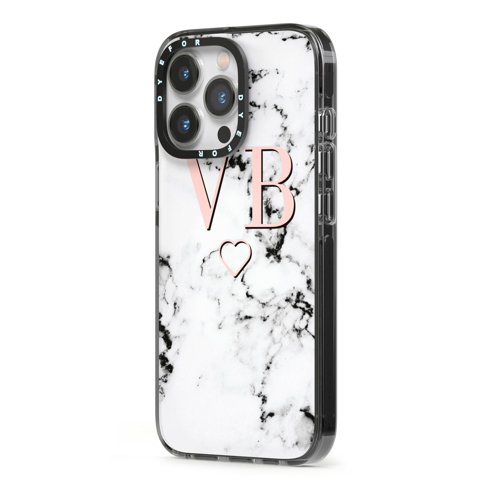 Personalised Coral Initials Heart Marble iPhone 13 Pro Black Impact Case Side Angle on Silver phone