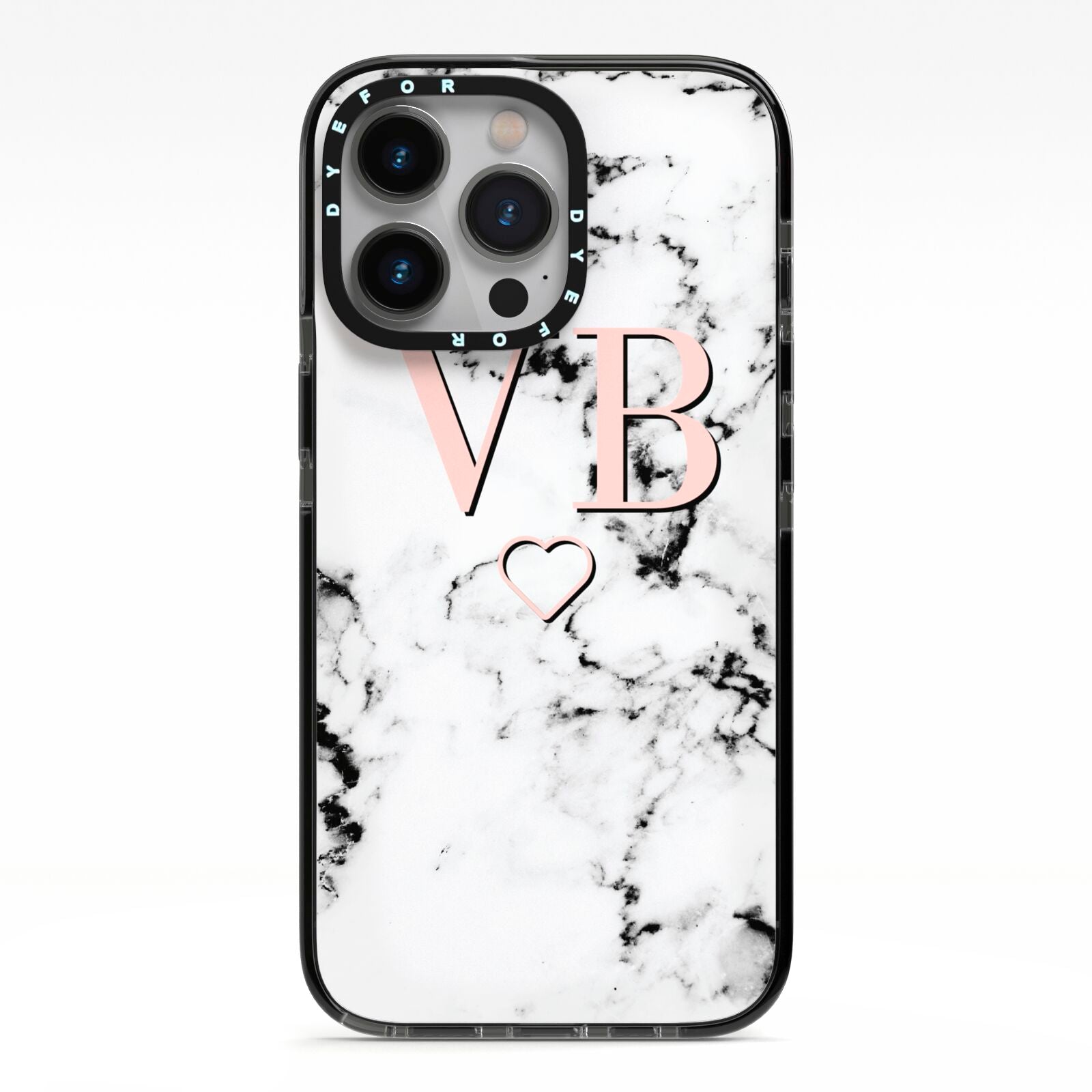 Personalised Coral Initials Heart Marble iPhone 13 Pro Black Impact Case on Silver phone