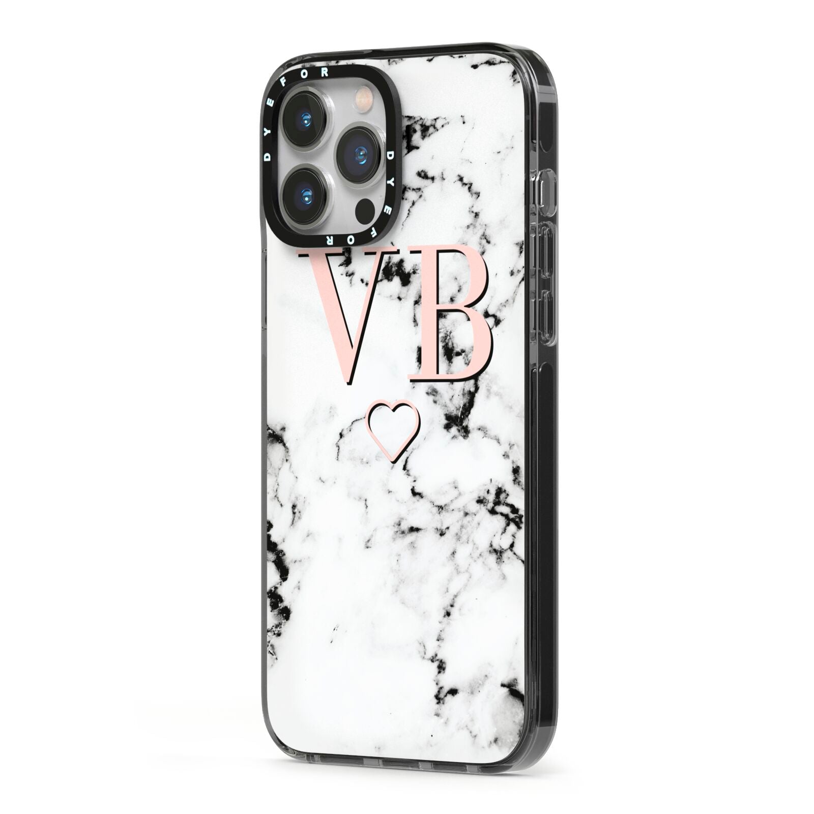 Personalised Coral Initials Heart Marble iPhone 13 Pro Max Black Impact Case Side Angle on Silver phone