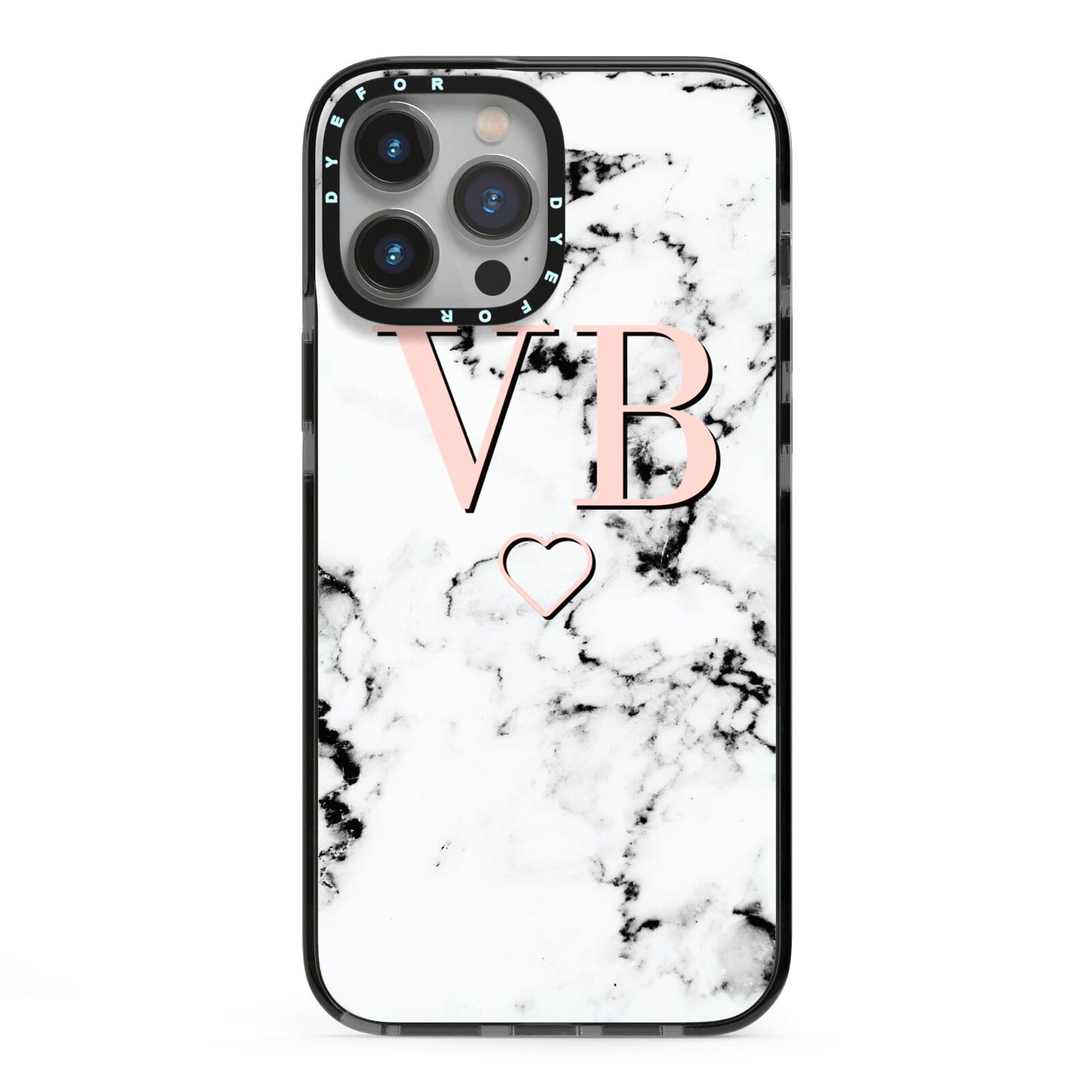 Personalised Coral Initials Heart Marble iPhone 13 Pro Max Black Impact Case on Silver phone