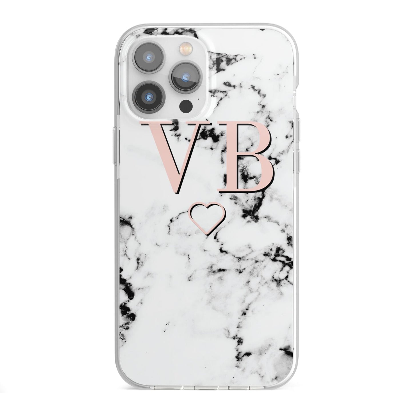 Personalised Coral Initials Heart Marble iPhone 13 Pro Max TPU Impact Case with White Edges