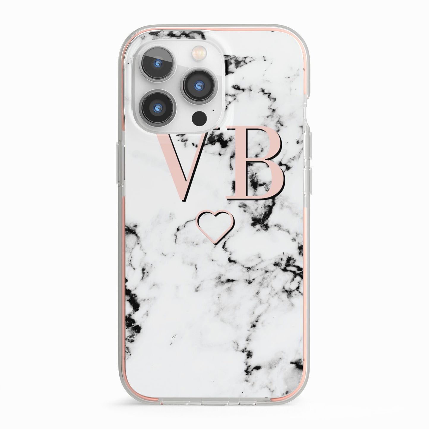 Personalised Coral Initials Heart Marble iPhone 13 Pro TPU Impact Case with Pink Edges