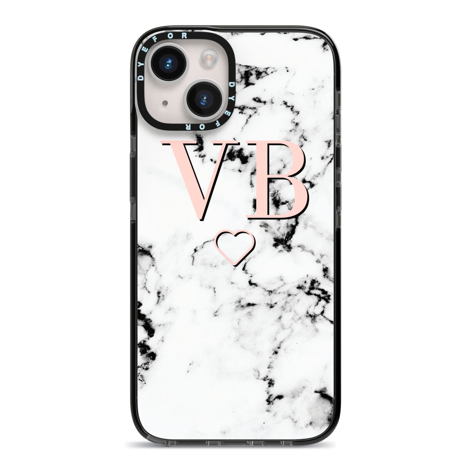 Personalised Coral Initials Heart Marble iPhone 14 Black Impact Case on Silver phone