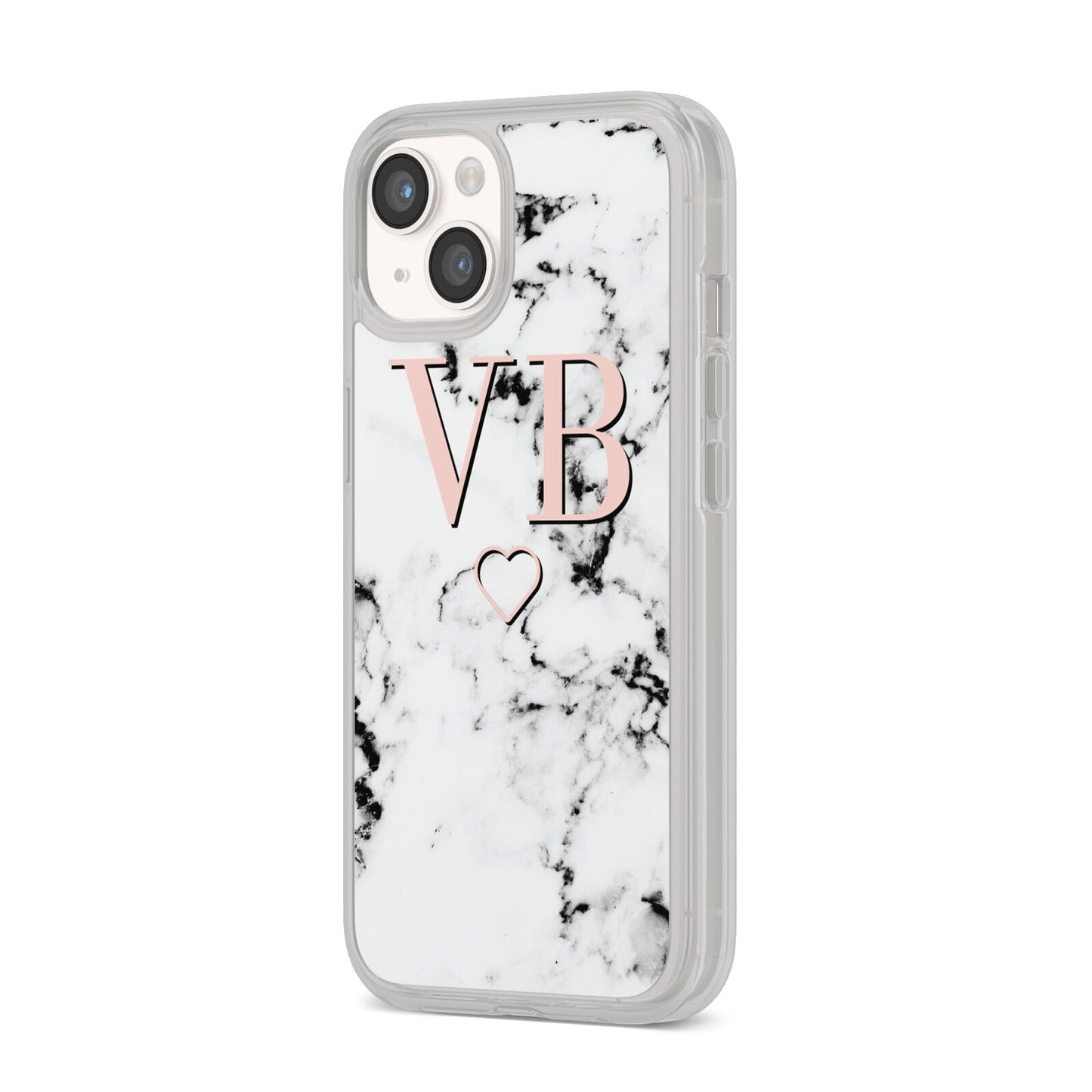 Personalised Coral Initials Heart Marble iPhone 14 Clear Tough Case Starlight Angled Image